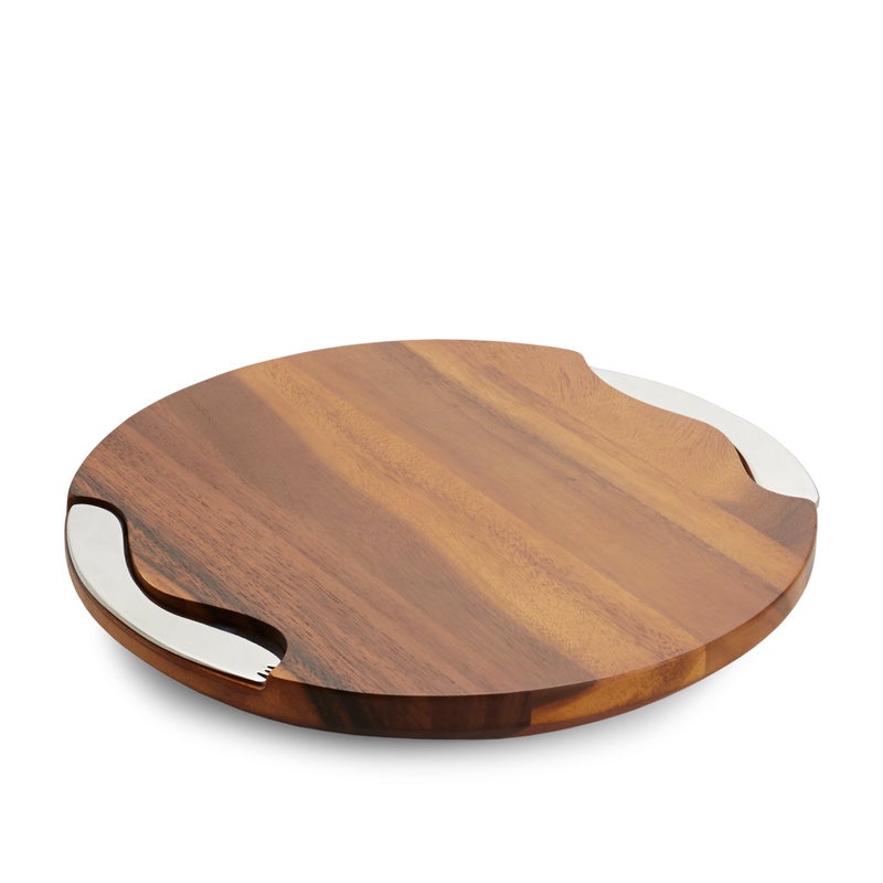 Nambe NambÃ© Cheese Block and Knife Set â€“ Round Acacia Wood Board Featuring Stainless Steel Details, Contemporary Tray with Spreader, Stylish Table Accent for Parties, Gatherings, and Dining - Image 1